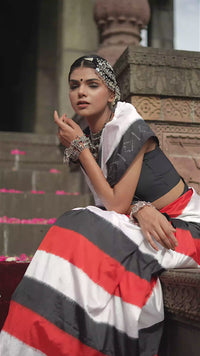 Malini - Red, White & Black Ikat Pochampally Saree with Golden & Sliver Butti