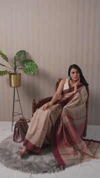 Beige Maheshwari cotton silk saree with maroon booti