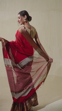 Red Maheshwari cotton silk ocassion wear saree with resham.