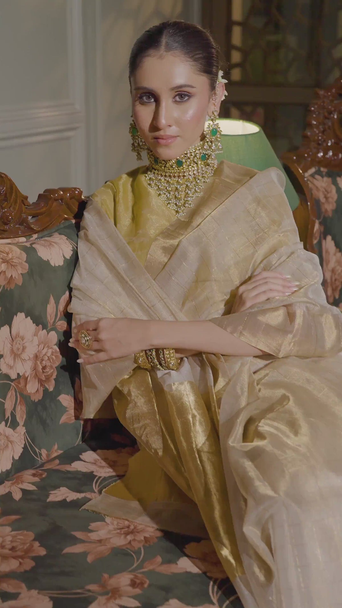 Hiranmayi - Cream & Gold Chanderi Tissue Silk Handloom Saree