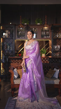 Anandi - Lavender Pattu Silk With Parrot Motif Chanderi